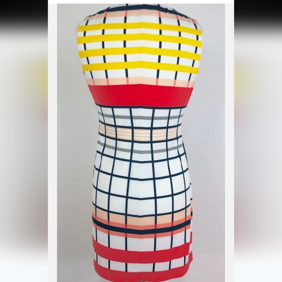 Donna Morgan Colorful Striped, Side Pleated Sleeveless Dress - Picture 5 of 7